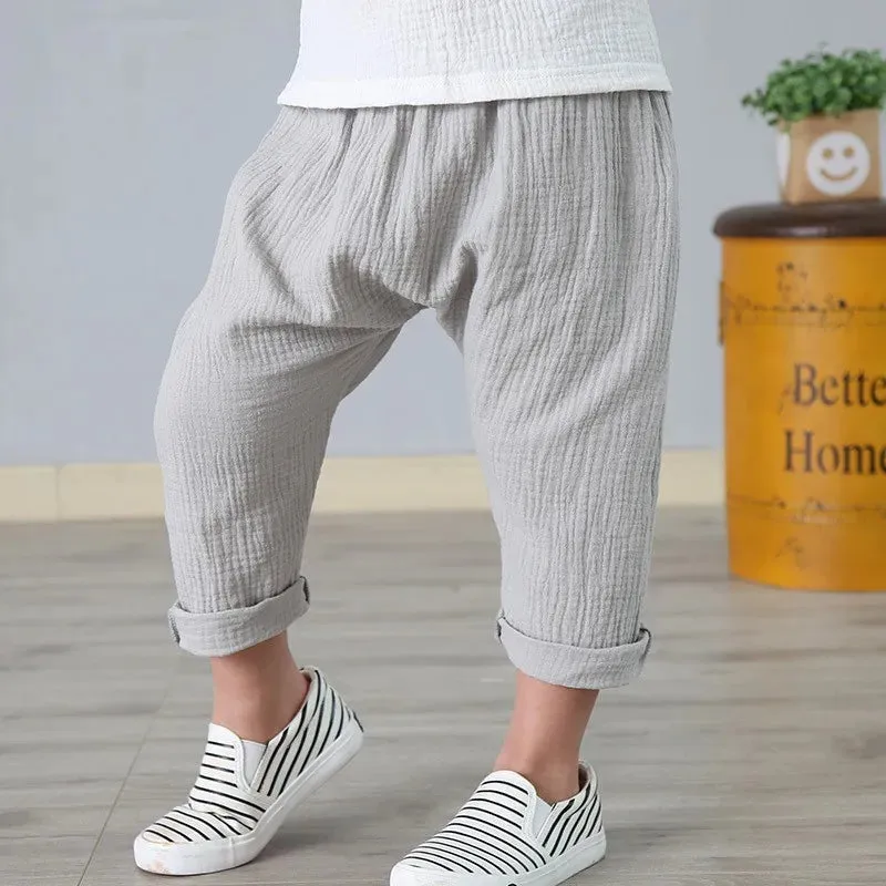 Baby Pants Boy Girl Summer Linen Cotton Pleated Solid Color Trousers Children Ankle-length Pants for Kids Boys Pants Casual Pant