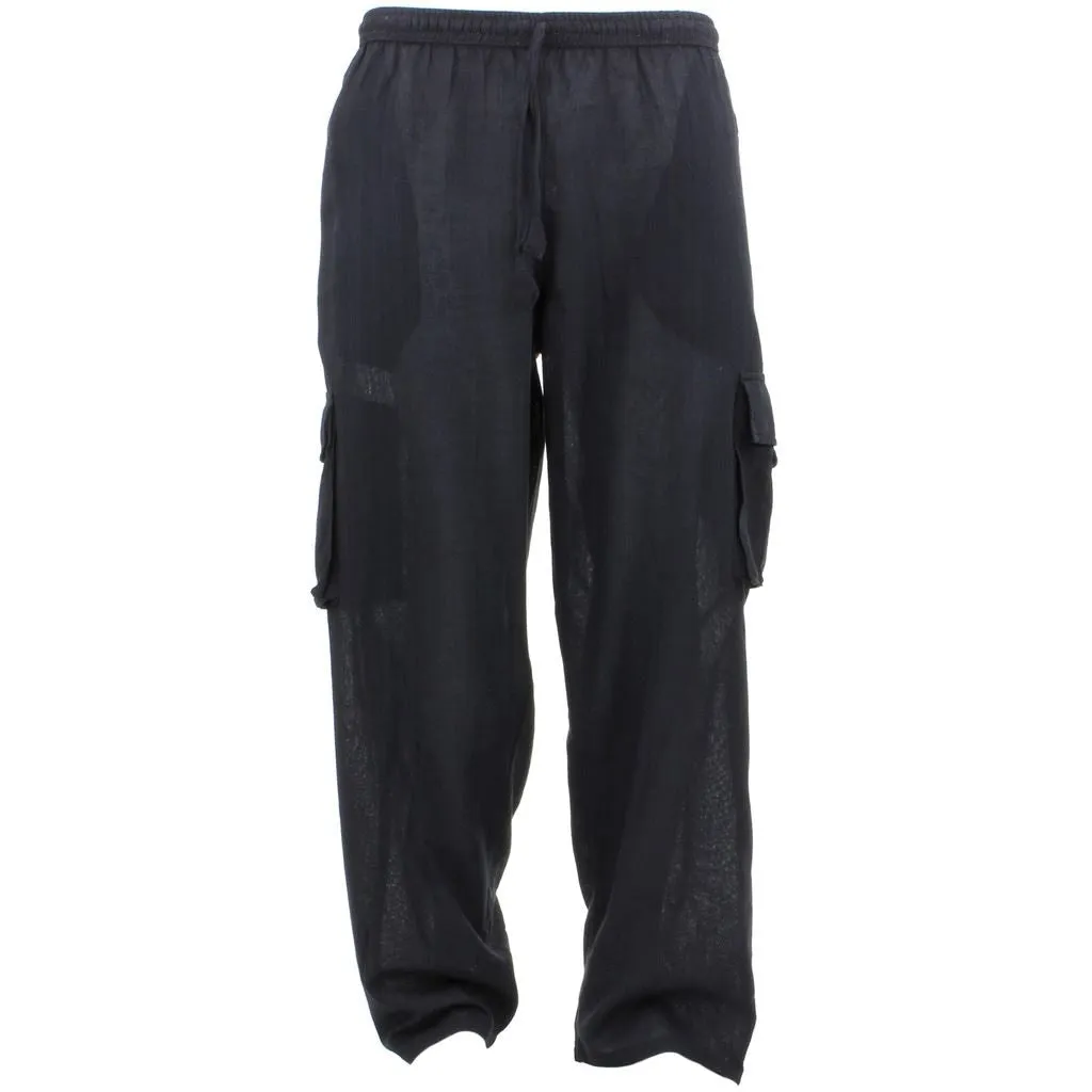 Classic Nepalese Lightweight Cotton Plain Cargo Trousers Pants - Black