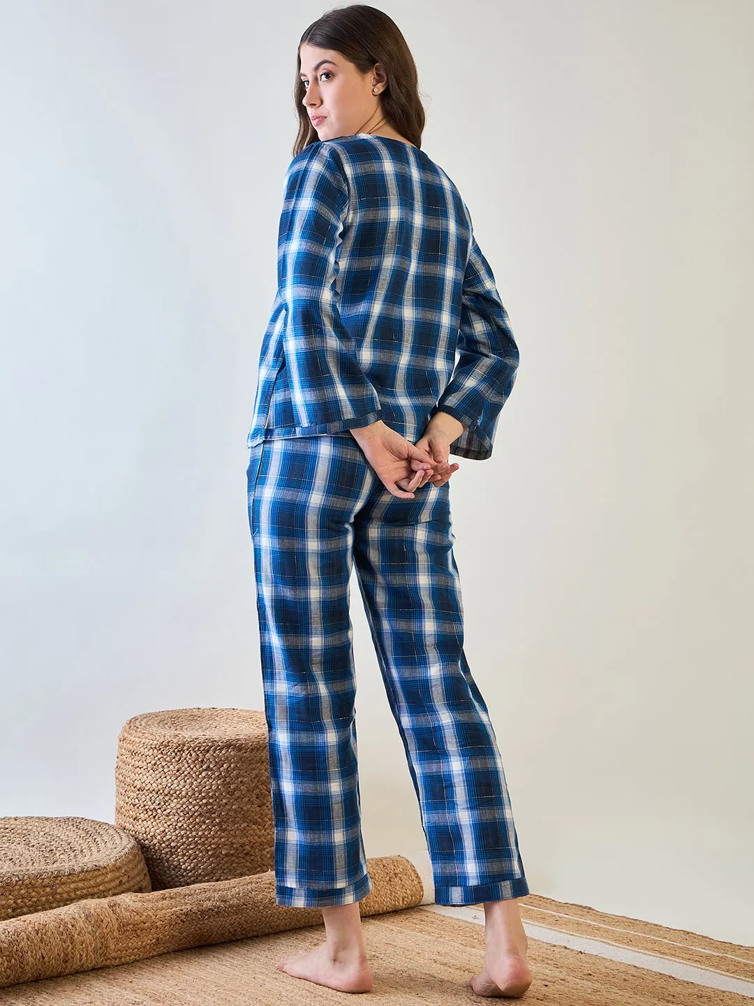 Comfortable Blue Plaid Cotton Pyjama Set