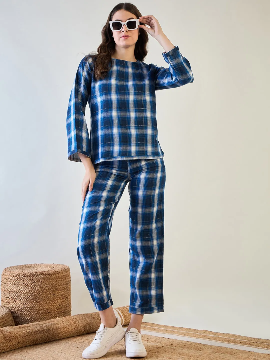 Comfortable Blue Plaid Cotton Pyjama Set