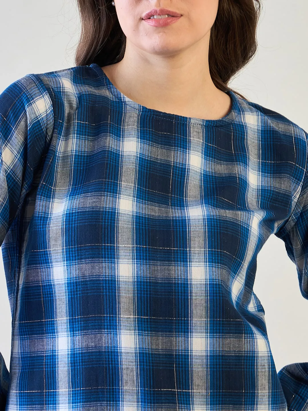 Comfortable Blue Plaid Cotton Pyjama Set