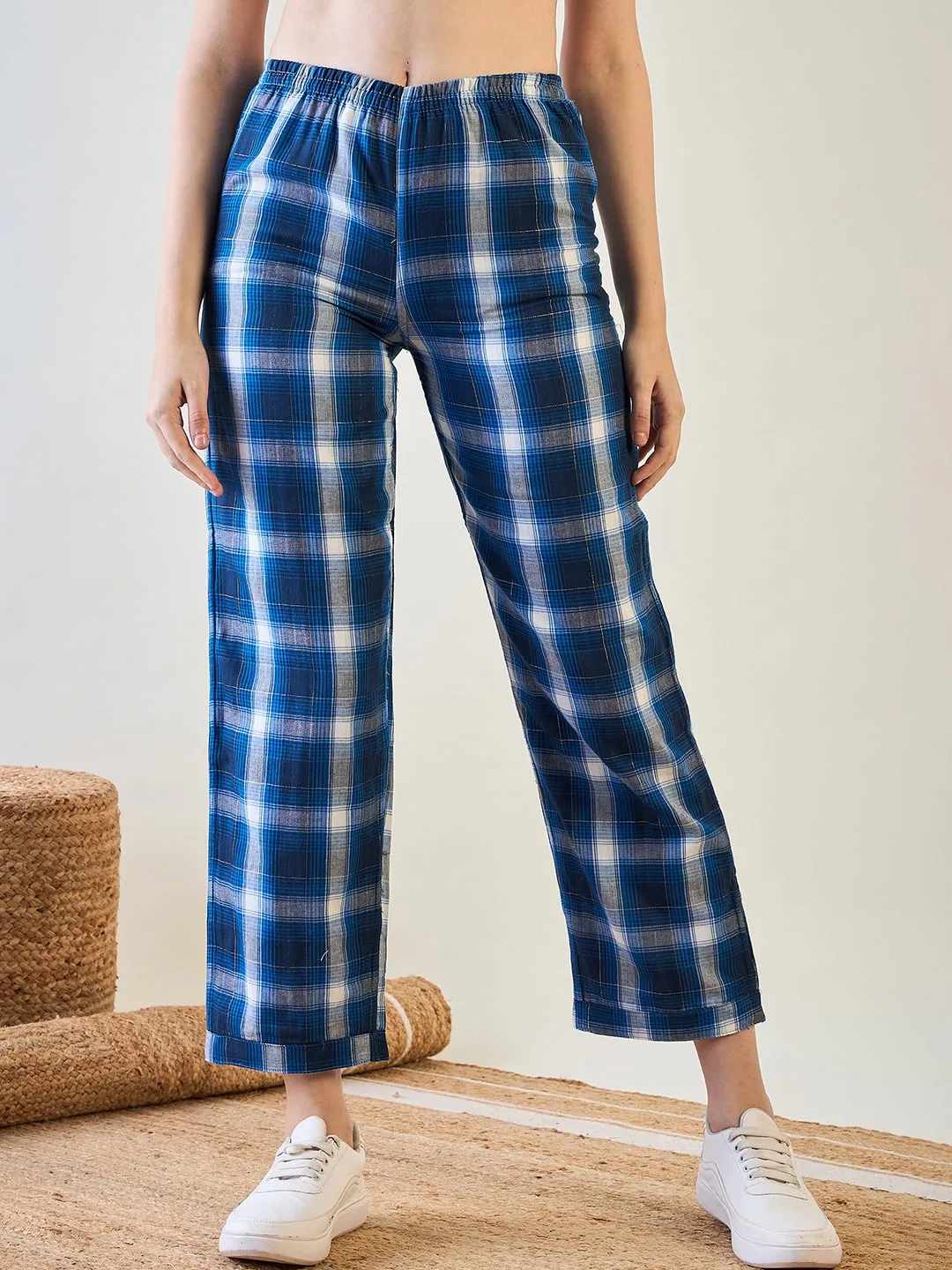 Comfortable Blue Plaid Cotton Pyjama Set