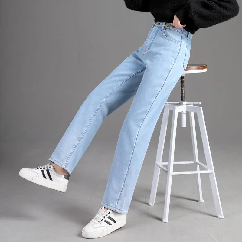 Comfortable Velvet Inside High Waist Push Up Straight Jeans