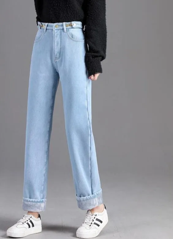 Comfortable Velvet Inside High Waist Push Up Straight Jeans