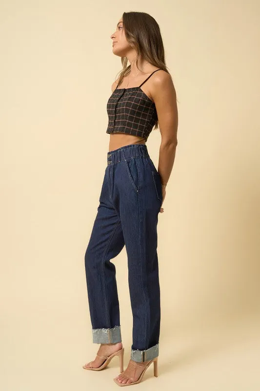 *High Waisted Pleated Slouchy Denim Pants