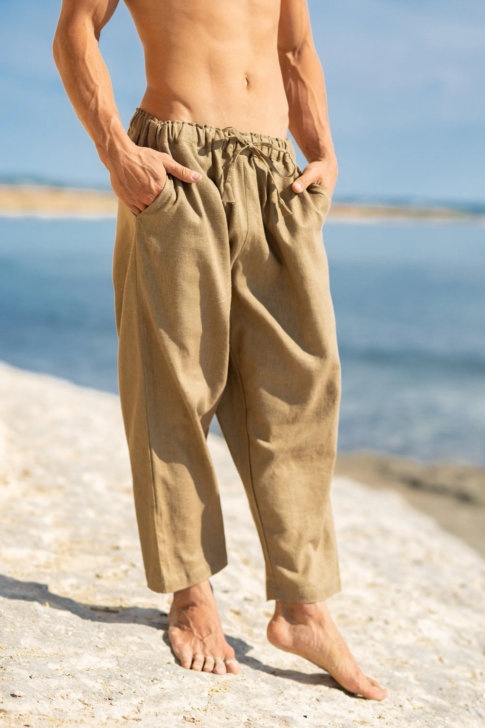 KOWA Organic Hemp Pants Olive Green Trousers with Two Pockets Yoga Sustainable Eco Friendly Festival Ceremony Boho Hippie Comfortable AJJAYA