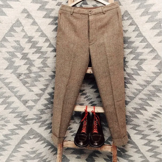 Large Size Retro Casual Herringbone Wool Pants