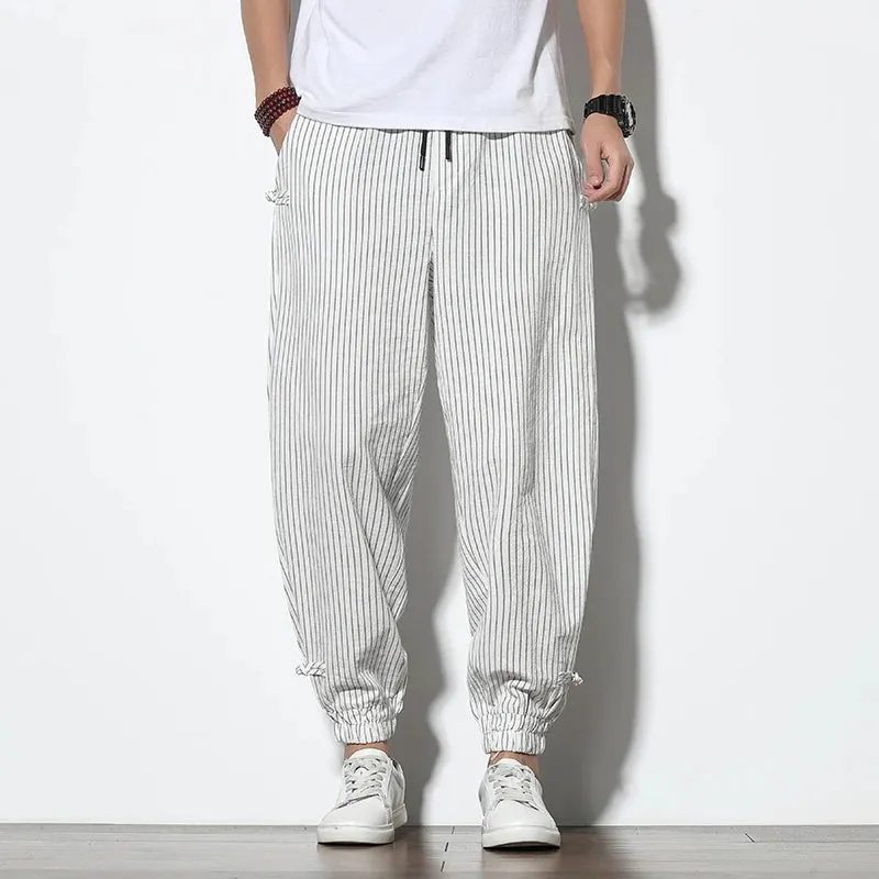 Men's Striped Cotton-Linen Harem Pants