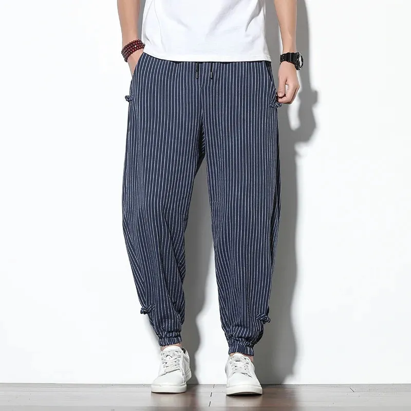 Men's Striped Cotton-Linen Harem Pants