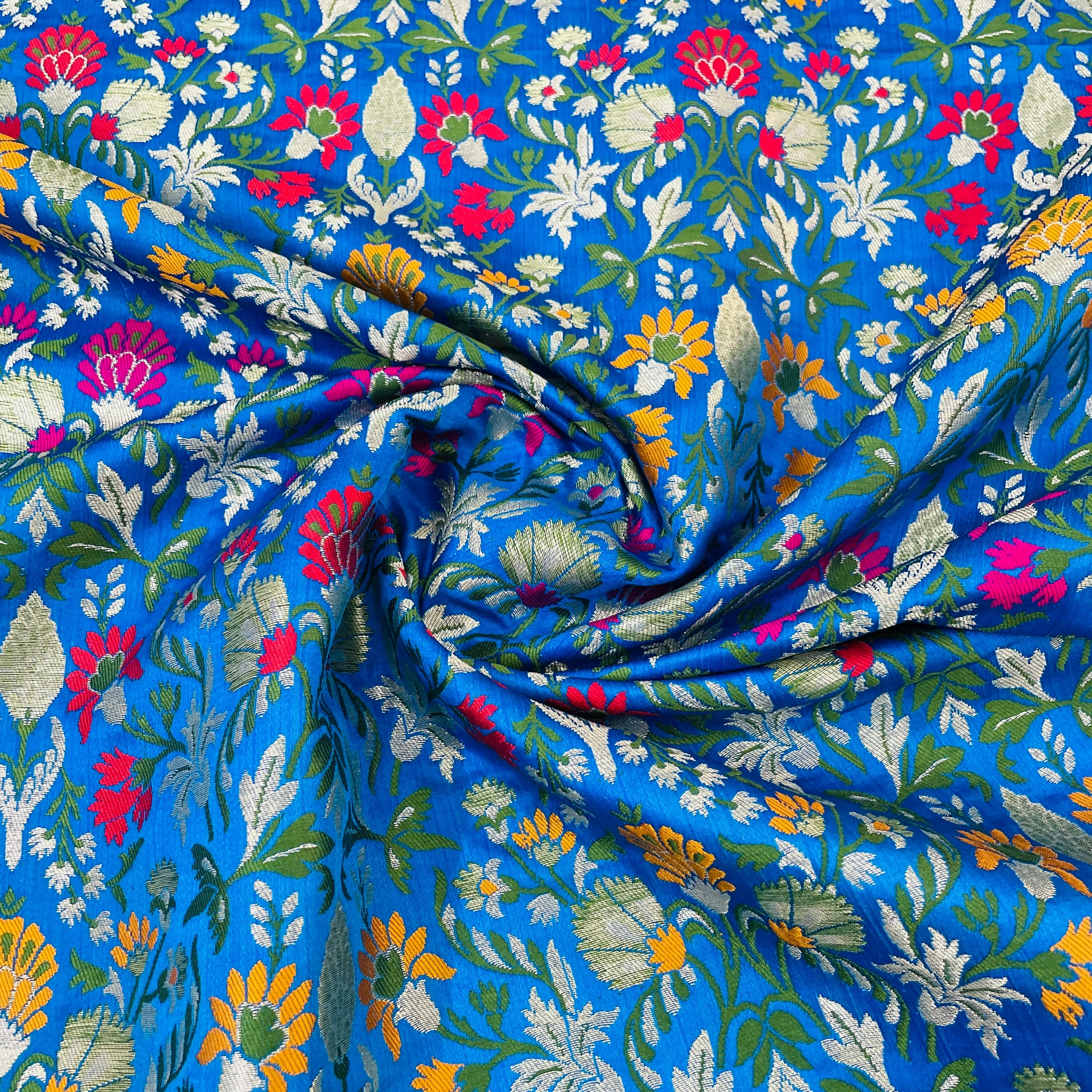 Premium Blue Floral Zari Khimkhwab Banarasi Silk Fabric