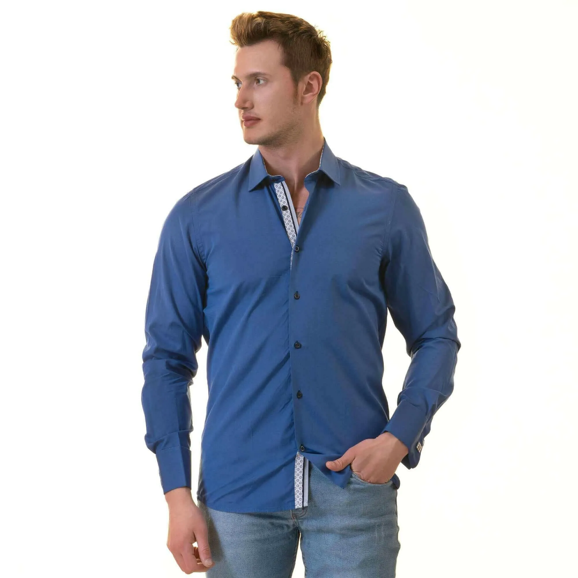 Royal Blue inside White Printed Double Cuff Shirt Mens Slim Fit