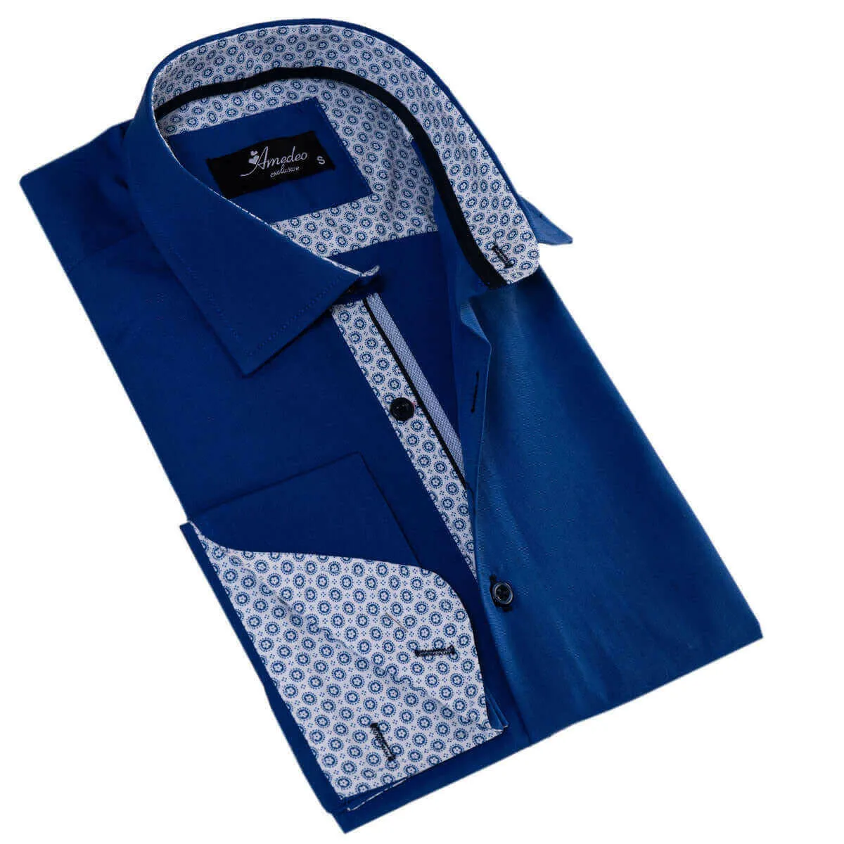 Royal Blue inside White Printed Double Cuff Shirt Mens Slim Fit