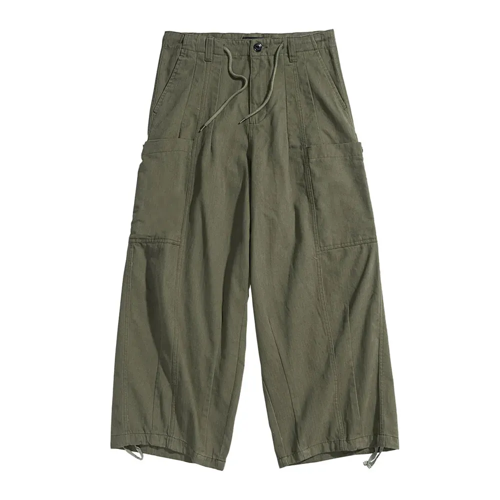 Solid Color Safari Style Cargo Pants with Multi-Pockets and Drawstring