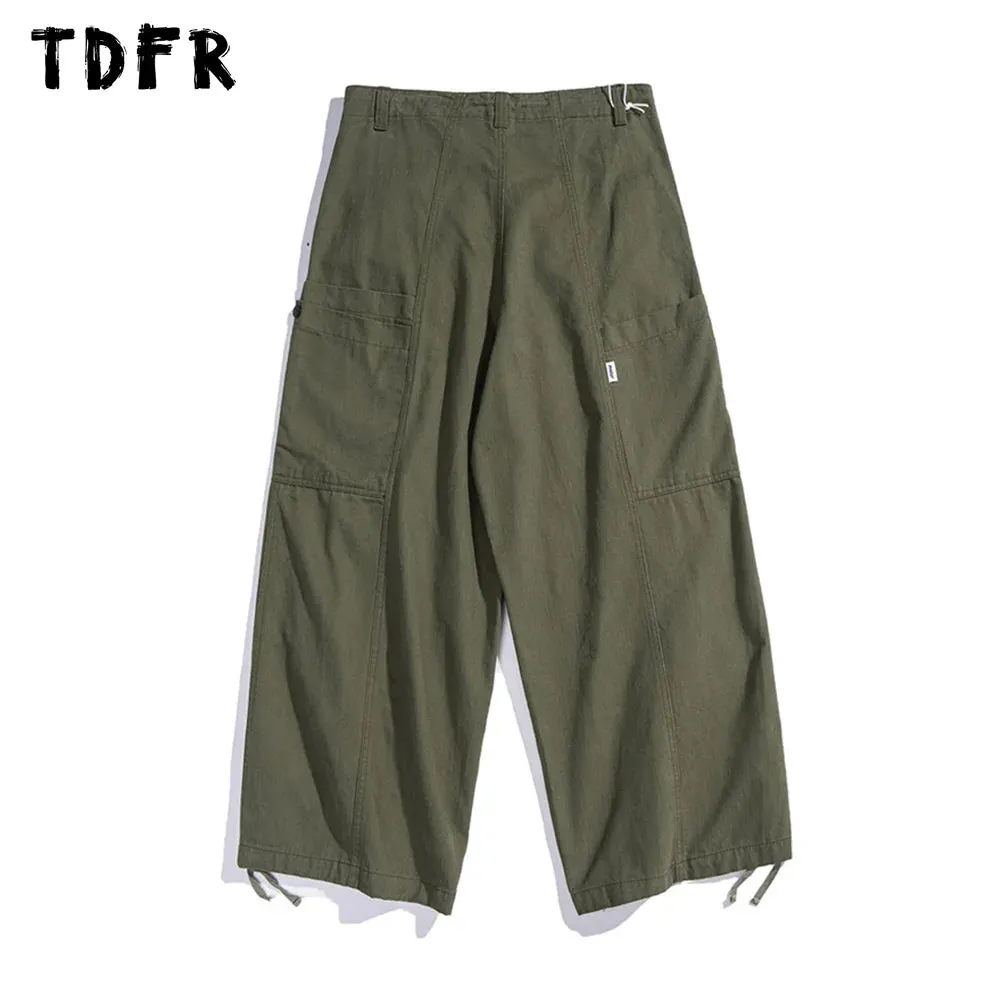 Solid Color Safari Style Cargo Pants with Multi-Pockets and Drawstring