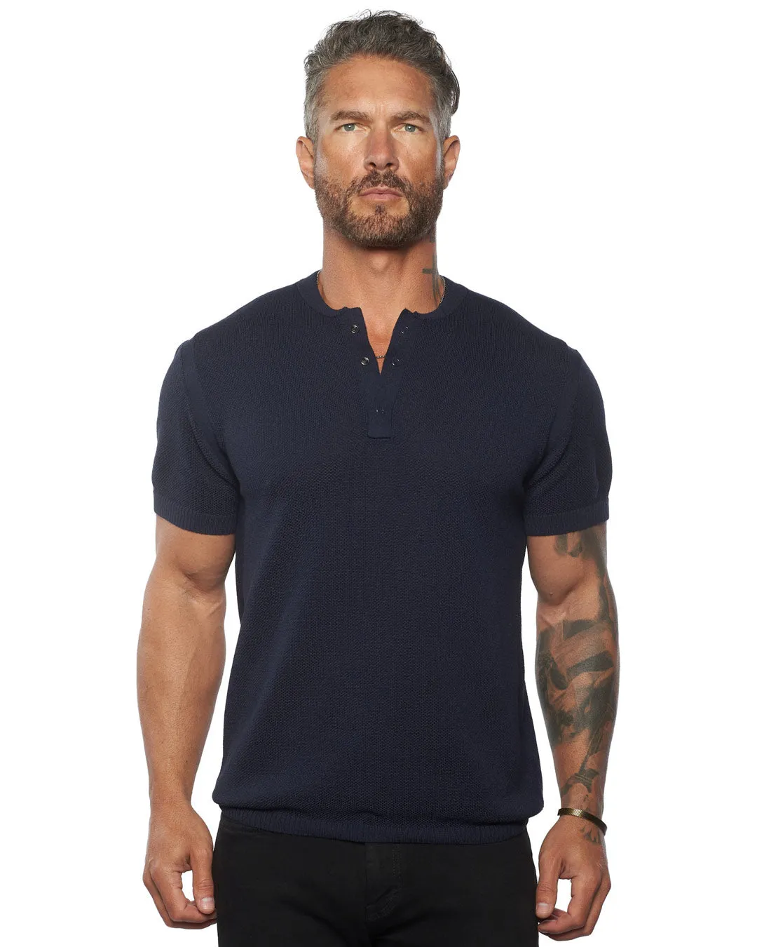 SS Mandarin Collar Knit Henley [FITTED]