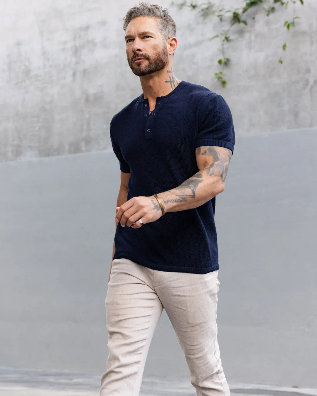 SS Mandarin Collar Knit Henley [FITTED]