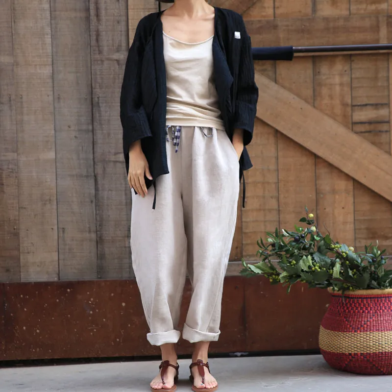 White Women Casual Linen Wide Leg Pants Z98409