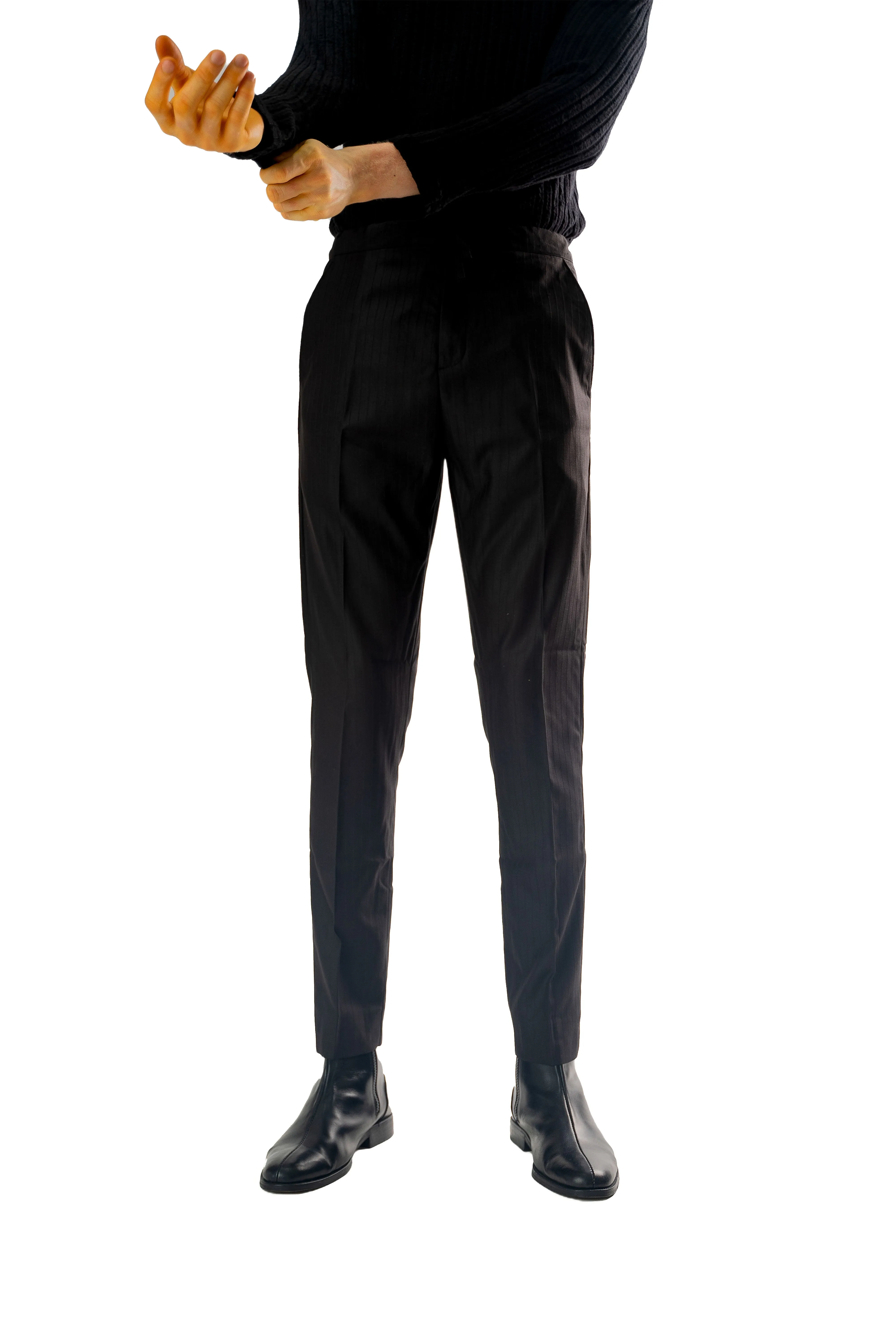 Wool Drawstring Pants in Double Black Pinstripe