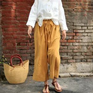 Yellow Women Casual Cotton Pants With Pockets Z98408